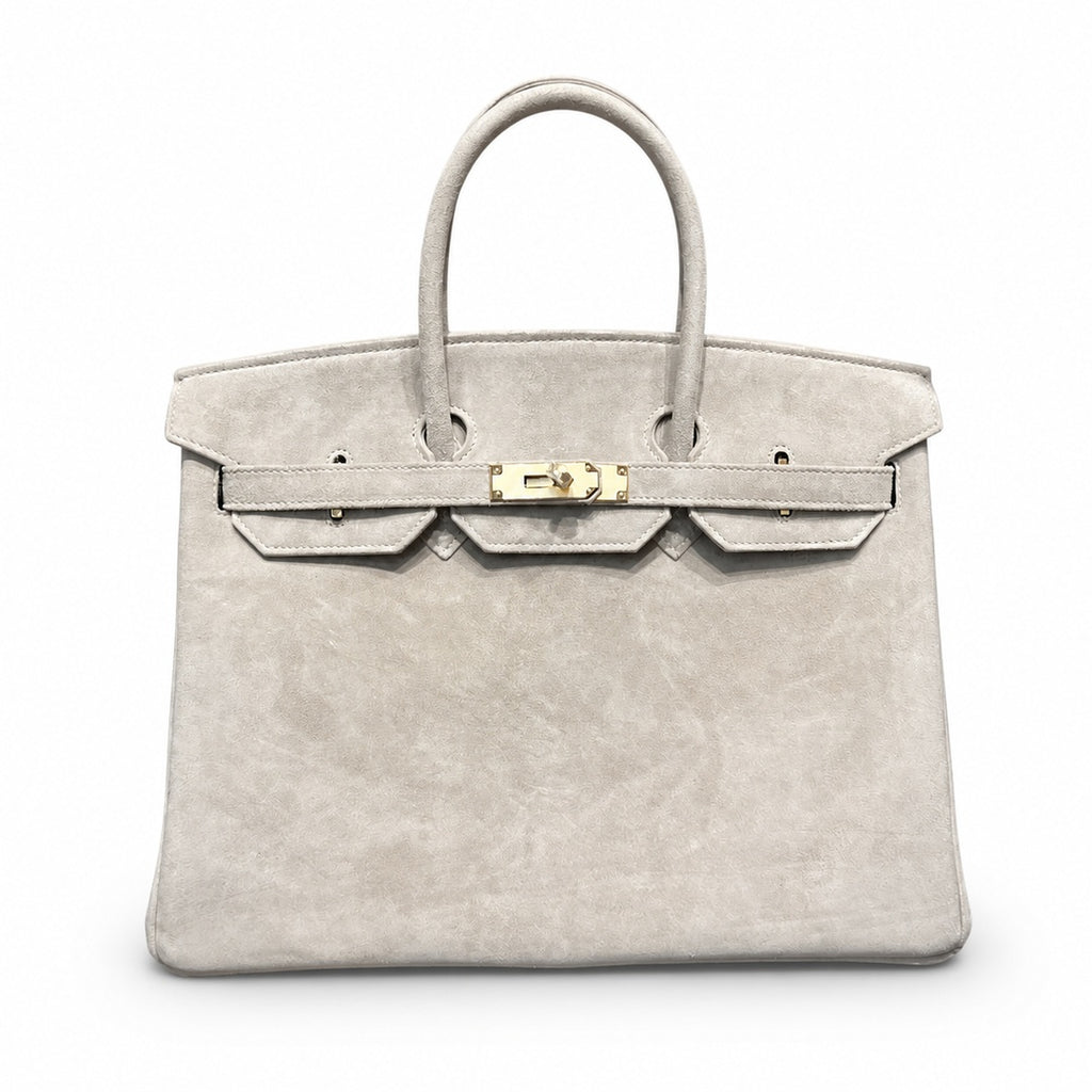 Birkin 35 Retourne in Etoupe Suede Grizzly (Gold Hardware) — Distinctive Carryall Silhouette