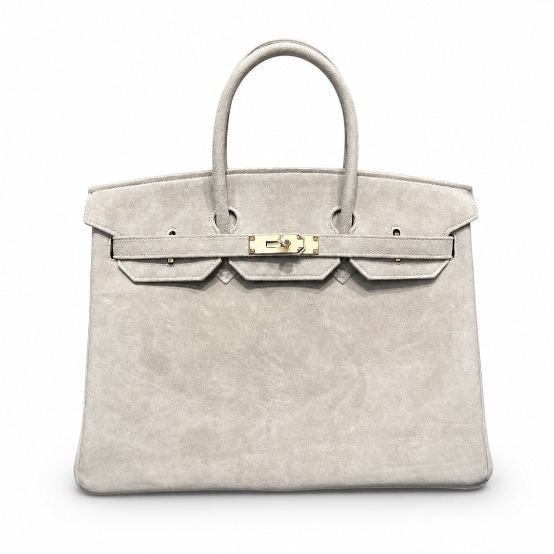 Birkin 35 Retourne in Etoupe Suede Grizzly (Gold Hardware) — Distinctive Carryall Silhouette