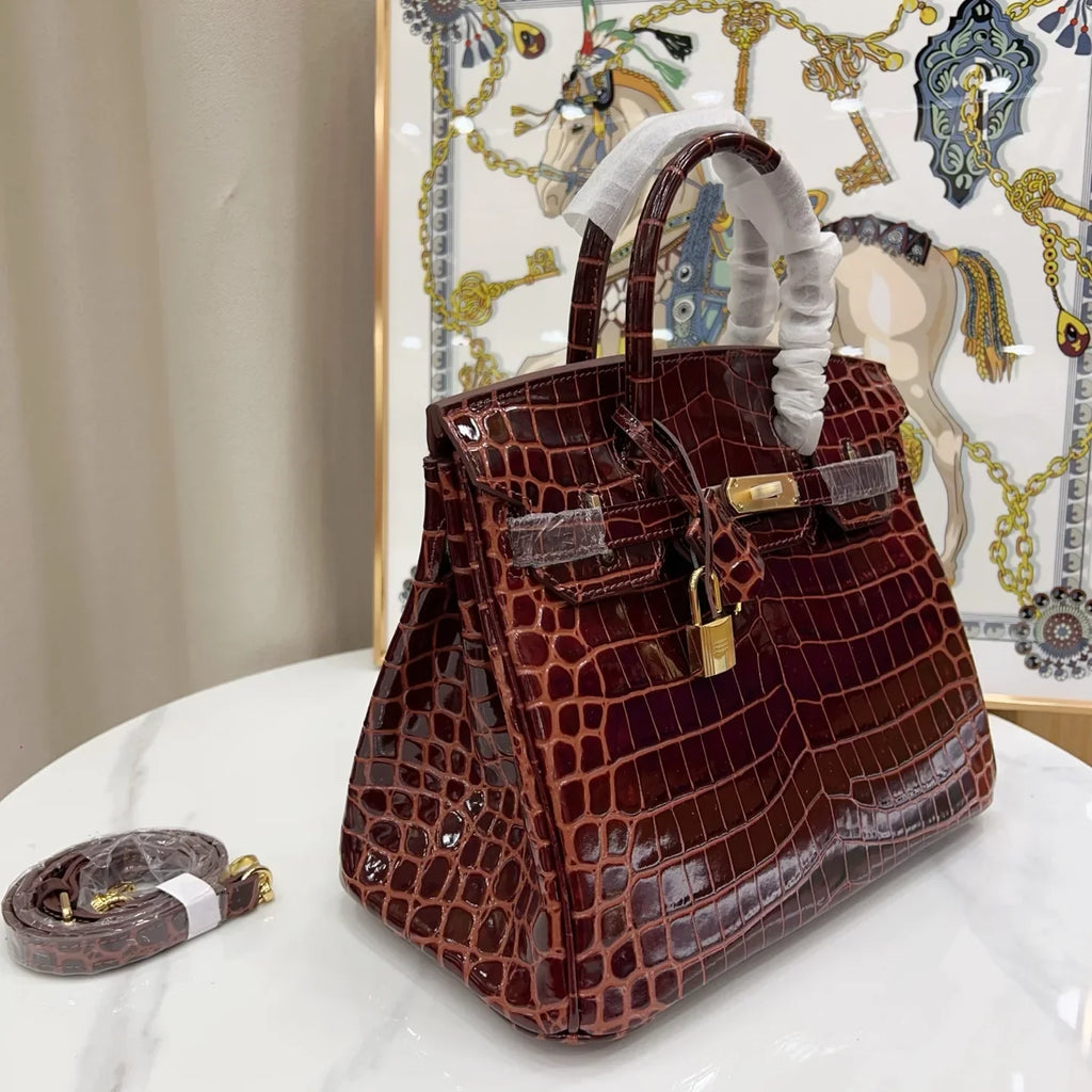Birkin Bordeaux Shiny Porosus Crocodile Gold Hardware — Timeless Structured Handbag