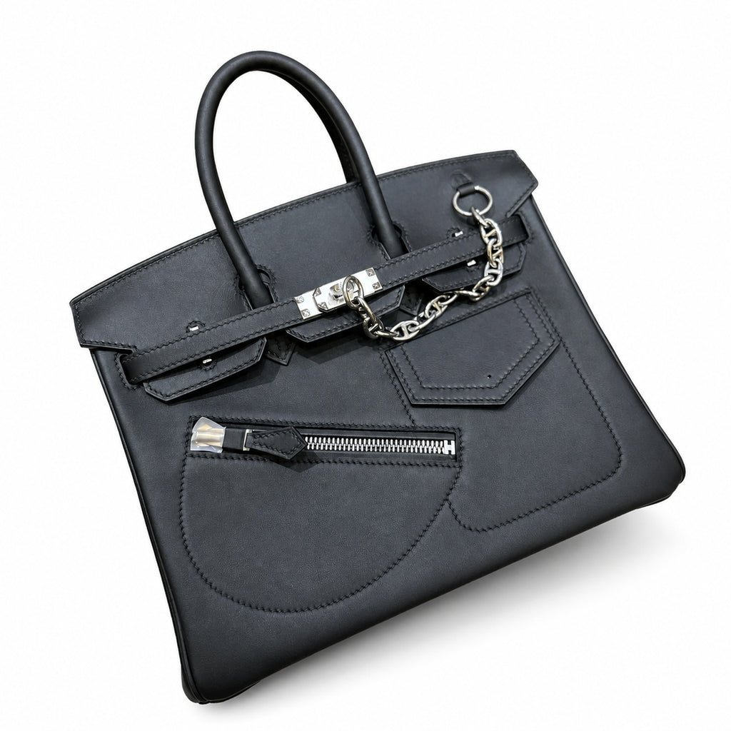 Birkin 25 Rock Black Leather Multi-Pocket Handbag with Chain — Elegant Hand-Carry Design