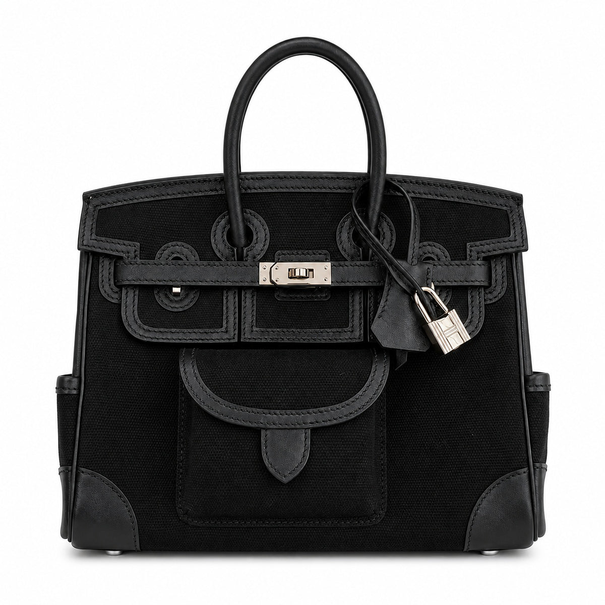 Birkin Cargo 25 All Black Swift Leather and Canvas Multi-Pocket Bag — Elegant Hand-Carry Design