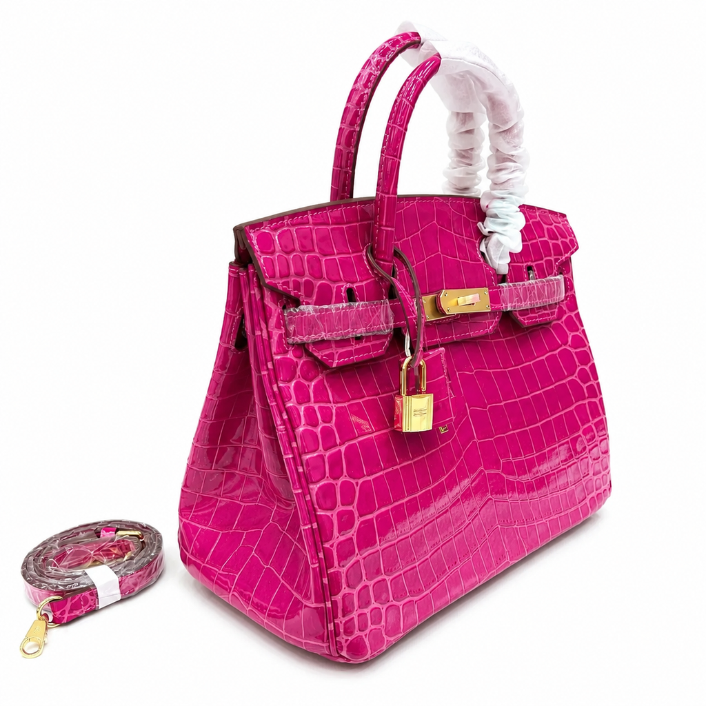 Birkin Style 25/30/35 Retourne in Rose Schéhérazade Crocodile-Embossed Leather (Gold Hardware) — Streamlined Structured Bag