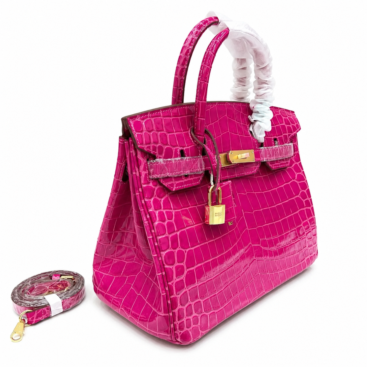 Birkin Style 25/30/35 Retourne in Rose Schéhérazade Crocodile-Embossed Leather (Gold Hardware) — Streamlined Structured Bag
