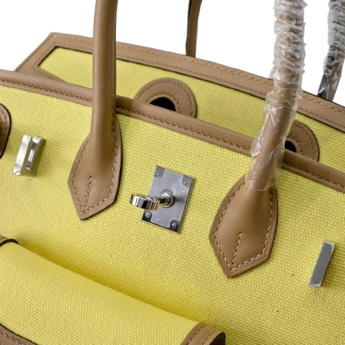 Birkin Cargo 25 Sesame and Lime Yellow Swift Leather Splicing Canvas Bag — Timeless Structured Handbag