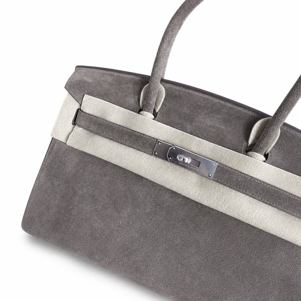 Birkin 30 Retourne in Etoupe Suede Grizzly with White Stitching (Palladium Hardware) — Distinctive Carryall Silhouette