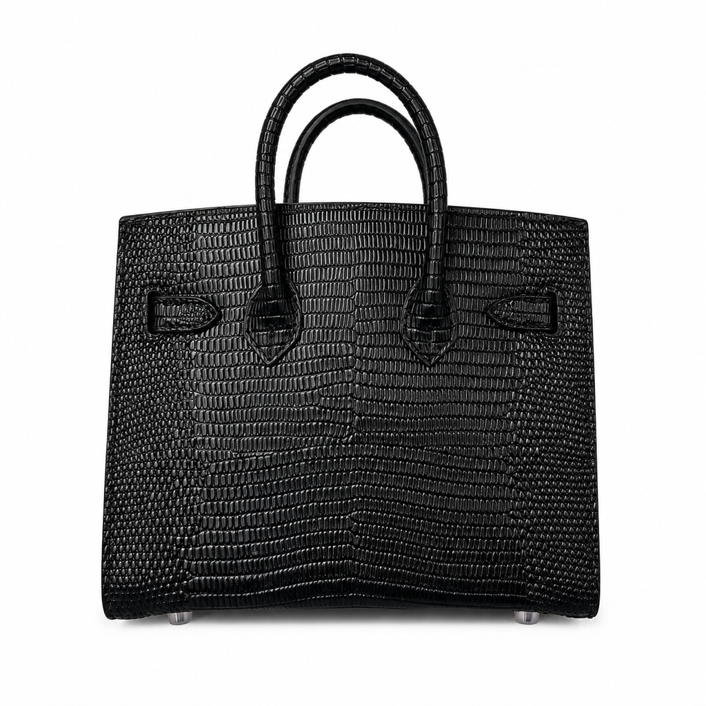 Mini Birkin 20cm Outer Stitching Tote Bag in Black Lizard Pattern — Distinctive Carryall Silhouette
