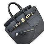 Birkin 25 Rock Black Leather Multi-Pocket Handbag with Chain — Elegant Hand-Carry Design