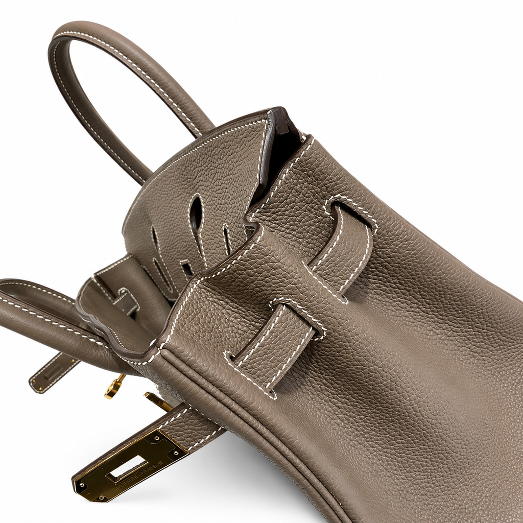 Birkin 30 Retourne in Etoupe Togo Leather with White Stitching (Gold Hardware) — Distinctive Carryall Silhouette