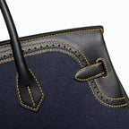 Birkin Ghillies 30 Black Leather and Navy Blue Denim Splicing Bag — Refined Structured Tote