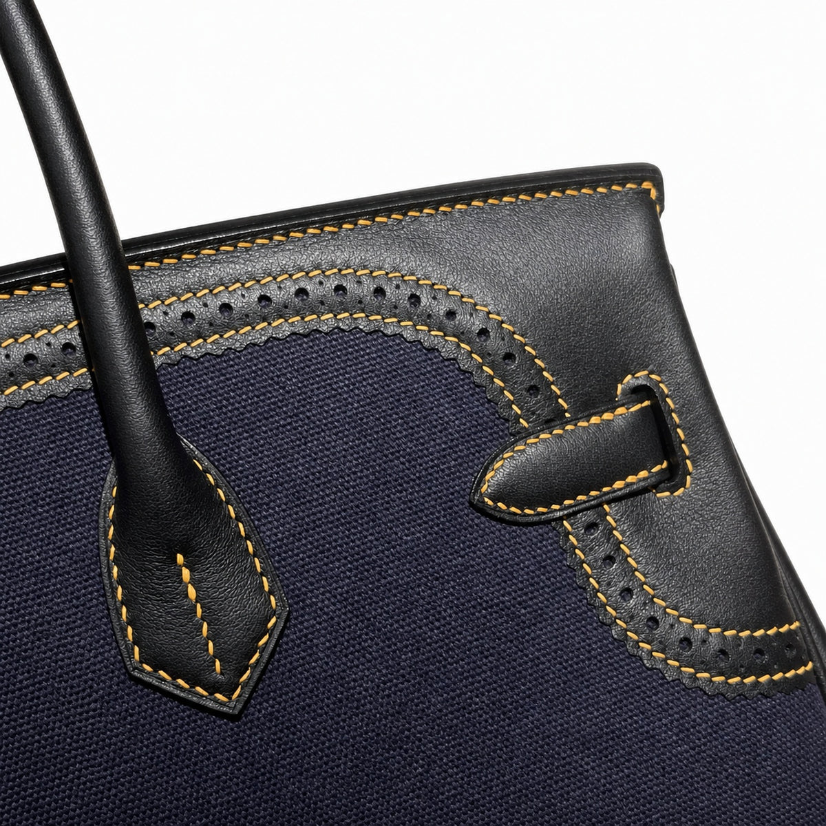 Birkin Ghillies 30 Black Leather and Navy Blue Denim Splicing Bag — Refined Structured Tote