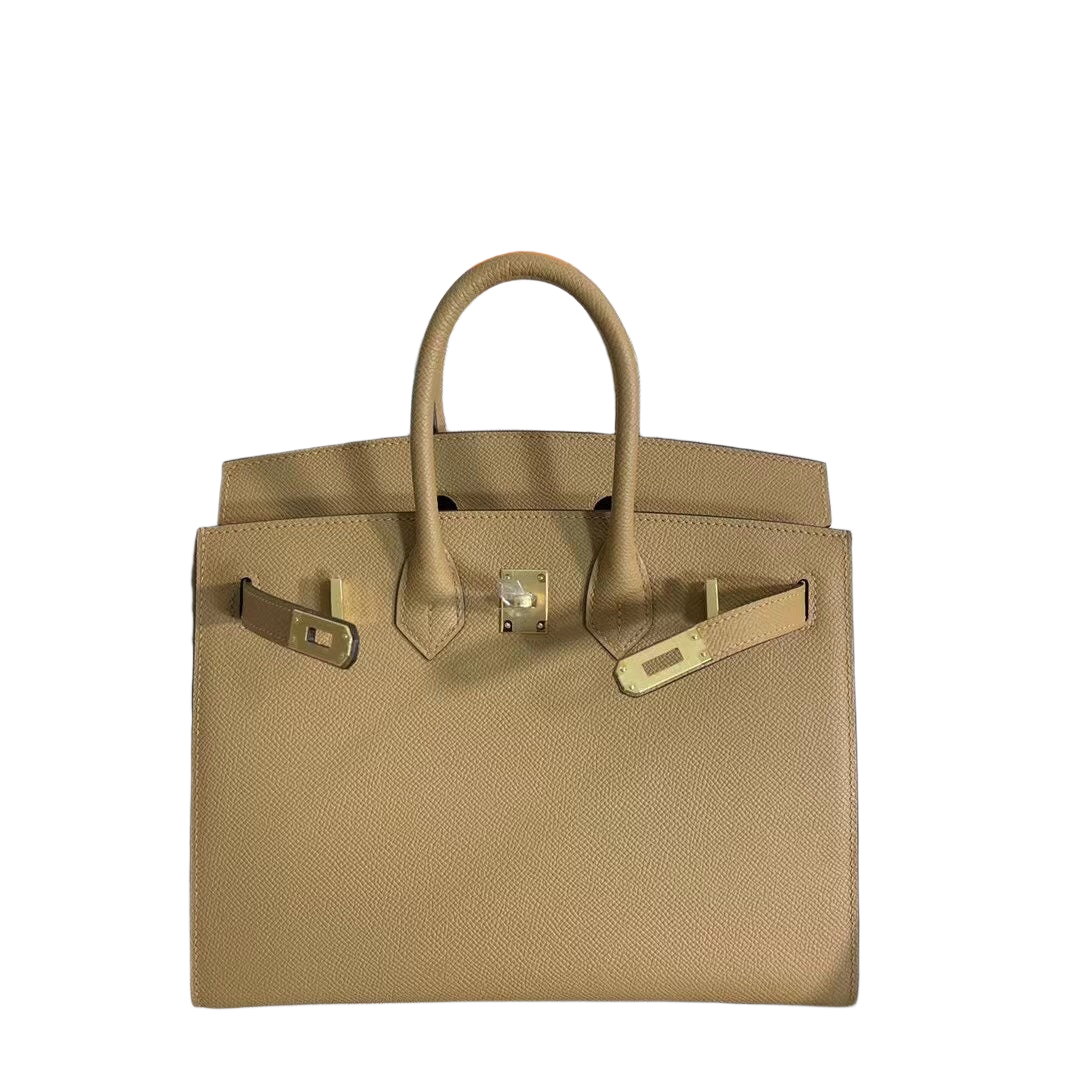 Timeless Structured Handbag: Birkin 25 Sellier 4B Biscuit Epsom Gold Hardware