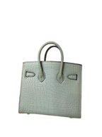 Mini Birkin 20cm Outer Stitching Tote Bag in Sage Green Crocodile Pattern — Polished Top-Handle Bag