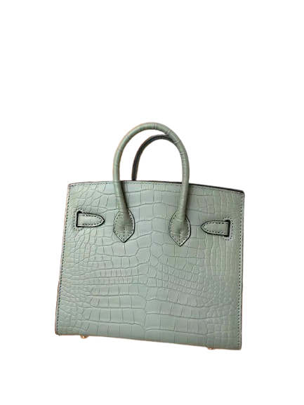 Mini Birkin 20cm Outer Stitching Tote Bag in Sage Green Crocodile Pattern — Polished Top-Handle Bag