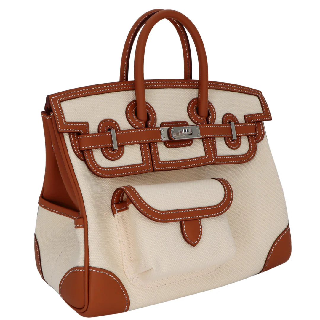 Multi-Pocket Birkin Cargo 25cm Tote in Gold Brown Leather & Canvas — Polished Top-Handle Bag