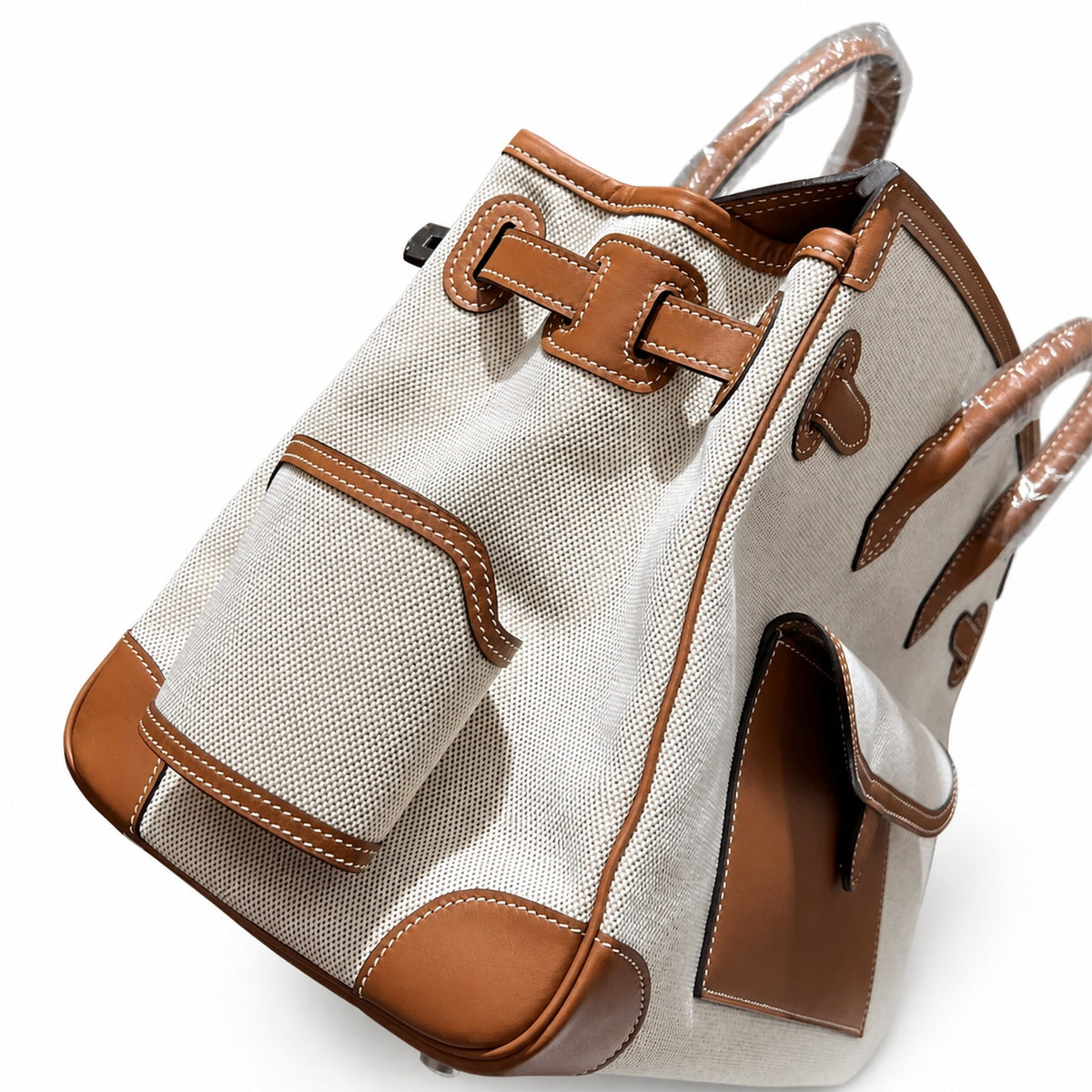 Birkin Cargo 35 Gold Leather and Ecru Canvas Multi-Pocket Bag — Versatile Top-Handle Handbag
