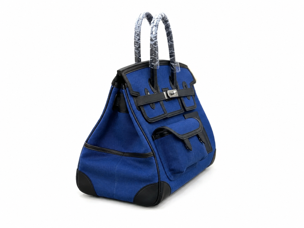 Birkin Cargo 35 in Bleu Marine Toile Goéland and Swift Leather (Palladium Hardware) — Streamlined Structured Bag