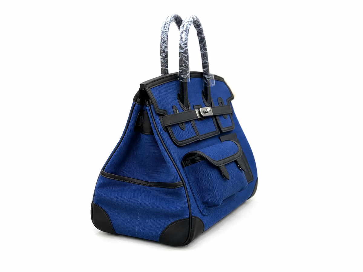 Birkin Cargo 35 in Bleu Marine Toile Goéland and Swift Leather (Palladium Hardware) — Streamlined Structured Bag