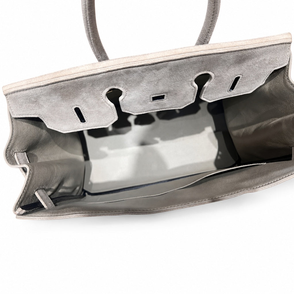 Birkin 35 Retourne in Etoupe Suede Grizzly (Gold Hardware) — Distinctive Carryall Silhouette