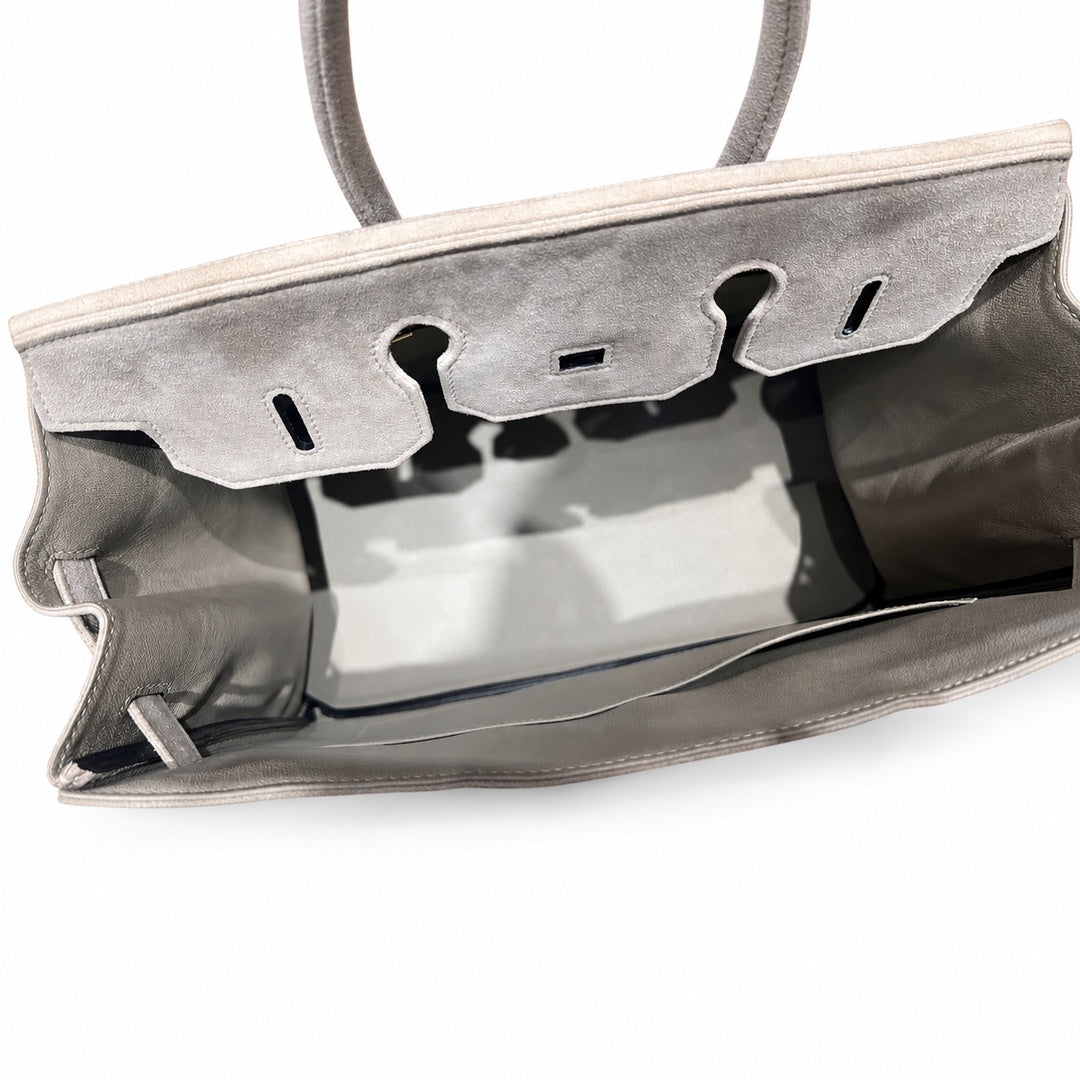Birkin 35 Retourne in Etoupe Suede Grizzly (Gold Hardware) — Distinctive Carryall Silhouette