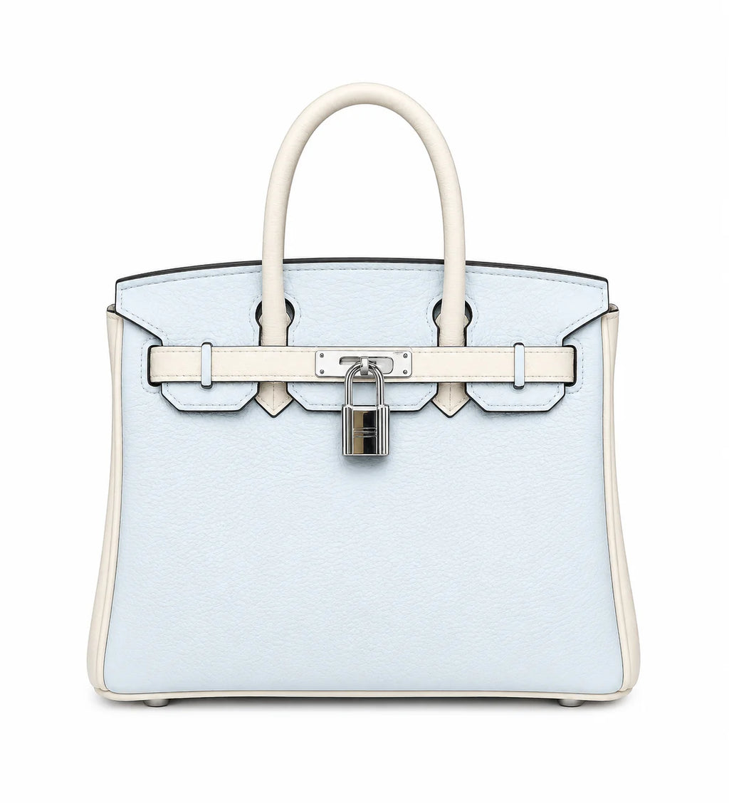 Birkin 25/30 Retourne Bi-Color in Bleu Brume and Craie Togo Leather (Palladium Hardware) — Polished Top-Handle Bag