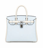 Birkin 25/30 Retourne Bi-Color in Bleu Brume and Craie Togo Leather (Palladium Hardware) — Polished Top-Handle Bag