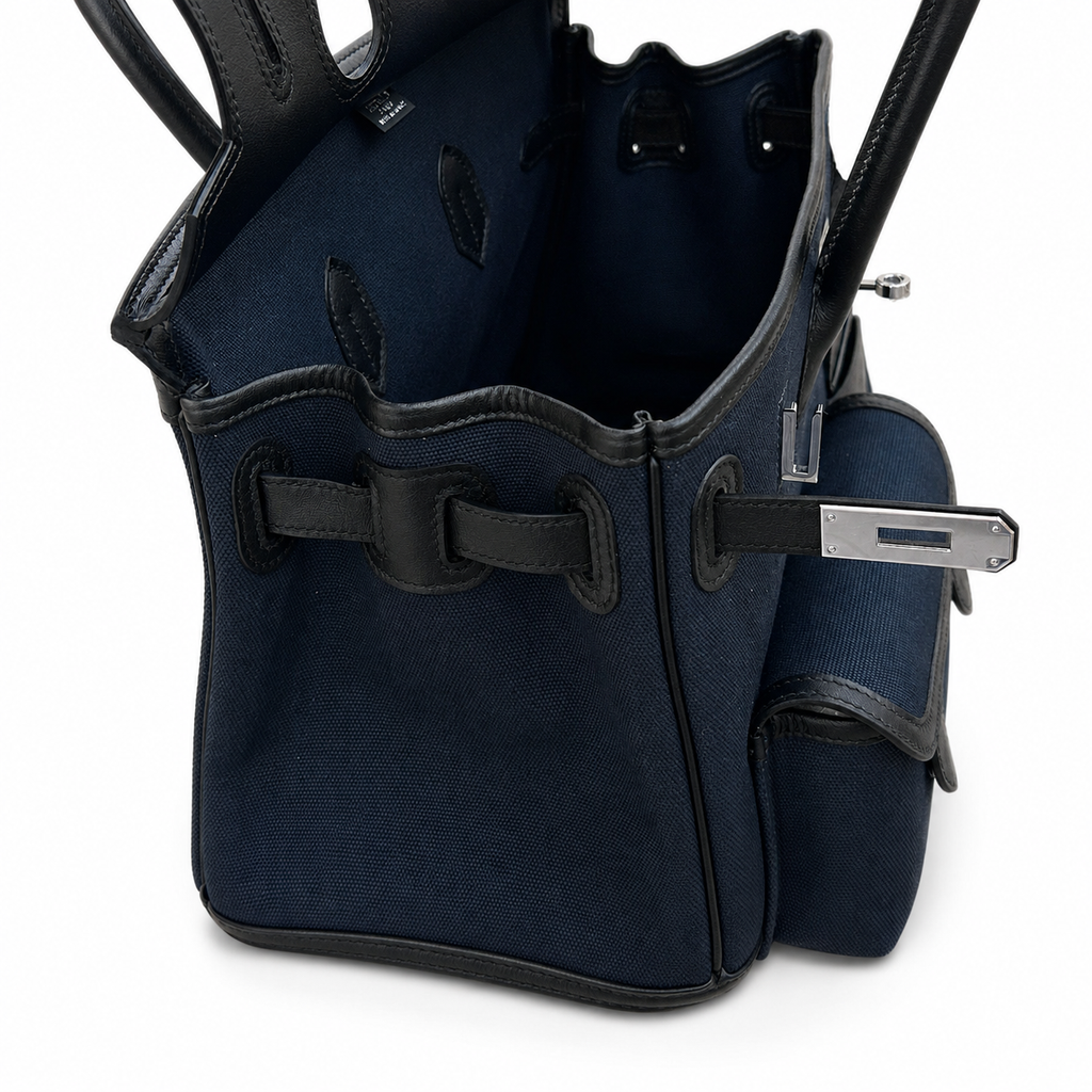 Birkin Cargo 35 in Bleu Nuit Toile Goéland and Noir Swift Leather (Palladium Hardware) — Polished Top-Handle Bag