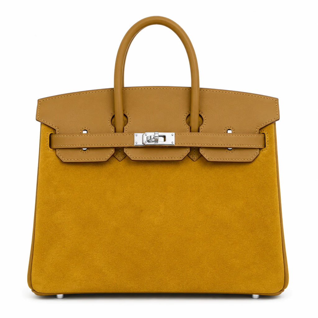 Birkin 25 Retourne in Yellow Swift Leather and Suede Grizzly (Palladium Hardware) — Classic Hand-Carry Tote