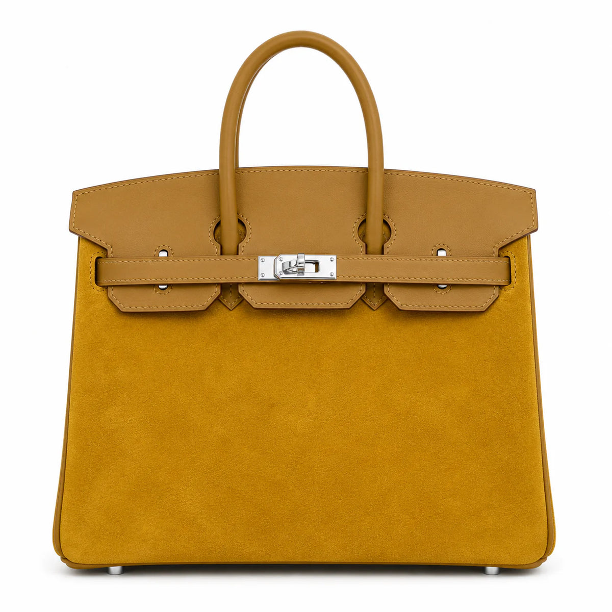 Birkin 25 Retourne in Yellow Swift Leather and Suede Grizzly (Palladium Hardware) — Classic Hand-Carry Tote