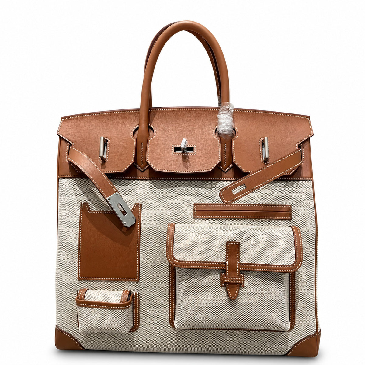 Birkin Cargo 40 Gold Leather and Toile Canvas Multi-Pocket Bag — Distinctive Carryall Silhouette