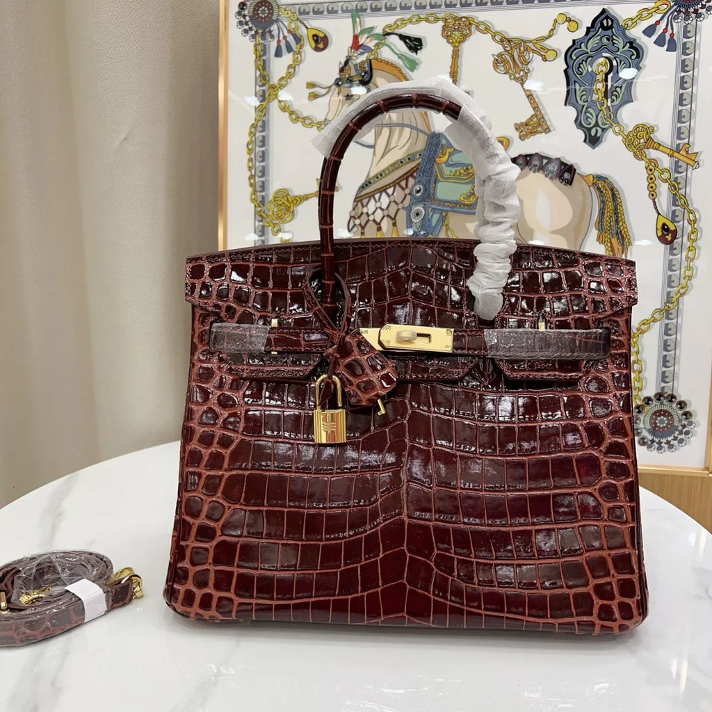 Birkin Bordeaux Shiny Porosus Crocodile Gold Hardware — Timeless Structured Handbag