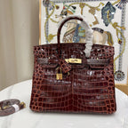 Birkin Bordeaux Shiny Porosus Crocodile Gold Hardware — Timeless Structured Handbag