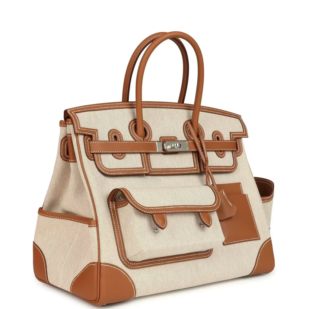 Birkin Cargo 35 Gold Swift and Gold-Ecru Toile H Canvas Palladium Hardware — Timeless Structured Handbag