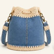 Multi Pastel Textured Bucket Bag with Gold & Wood Bead Hardware for Daily Casual Outfits