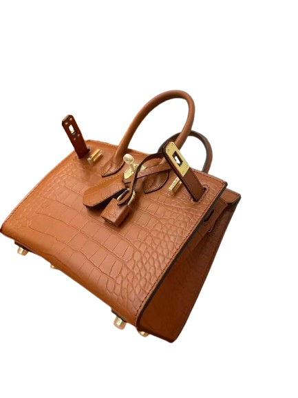 Mini Birkin 20cm Outer Stitching Tote Bag in Classic Gold Crocodile Pattern — Classic Hand-Carry Tote