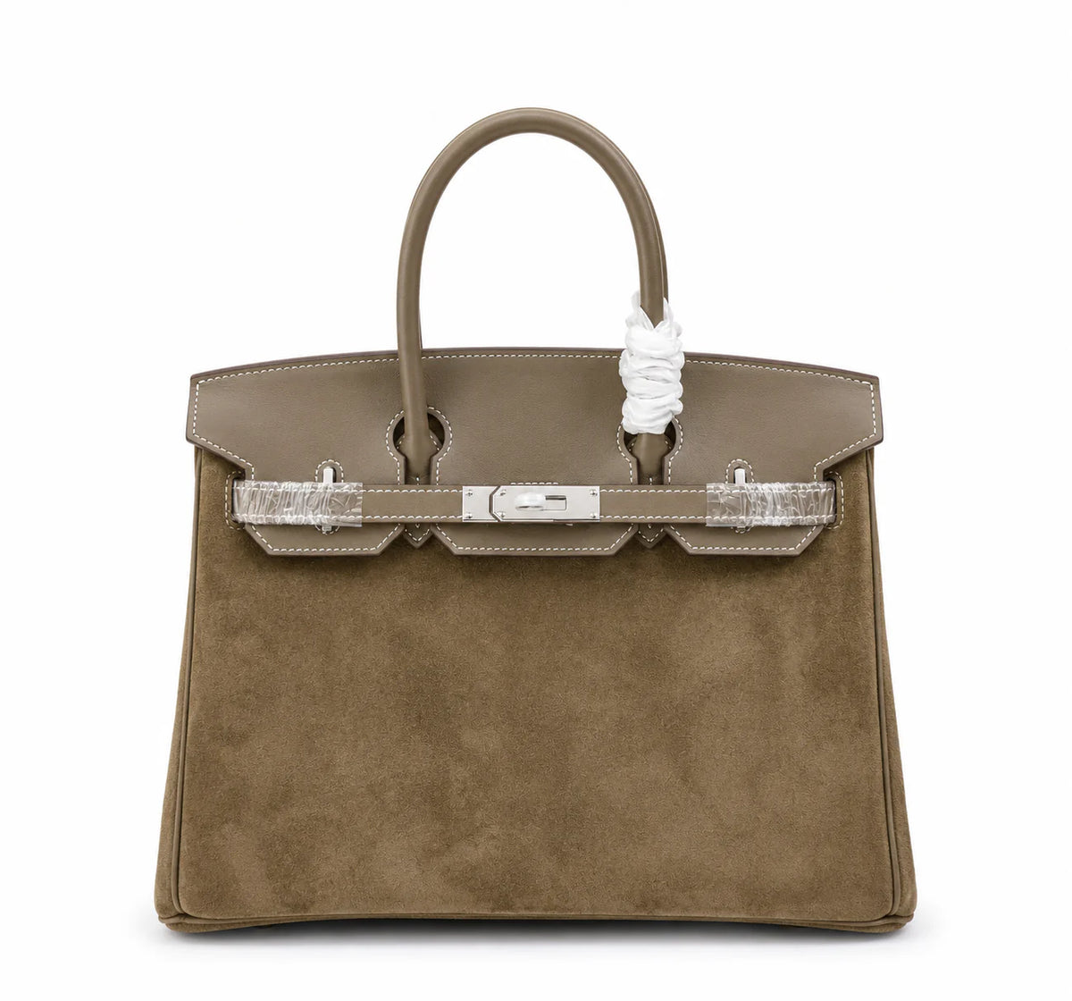 Birkin 30 Etoupe Swift Leather and Suede Splicing Bag — Distinctive Carryall Silhouette