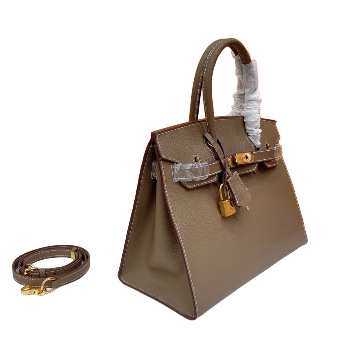 Birkin Style 25/30 Sellier in Etoupe Epsom Leather with White Stitching (Gold Hardware) — Distinctive Carryall Silhouette