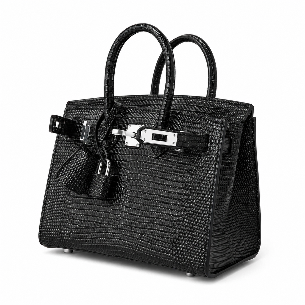 Mini Birkin 20cm Outer Stitching Tote Bag in Black Lizard Pattern — Distinctive Carryall Silhouette