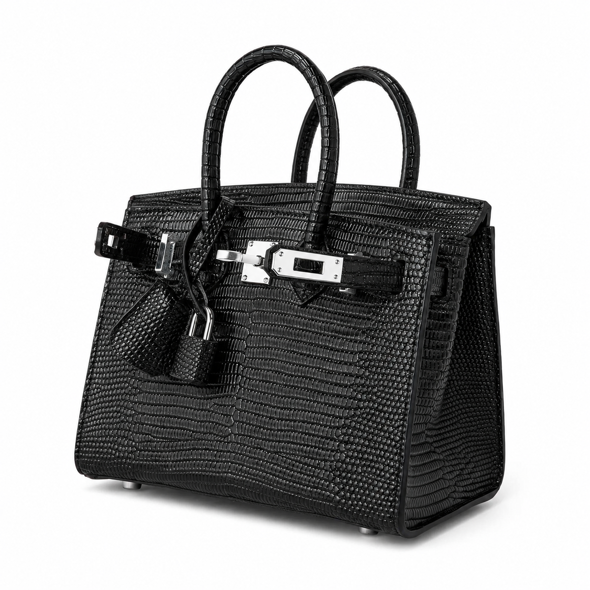 Mini Birkin 20cm Outer Stitching Tote Bag in Black Lizard Pattern — Distinctive Carryall Silhouette