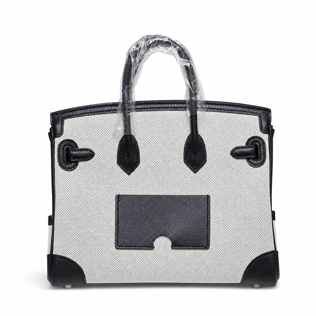 Birkin Cargo 25 Black Leather and Ecru Canvas Multi-Pocket Mini Bag — Classic Hand-Carry Tote