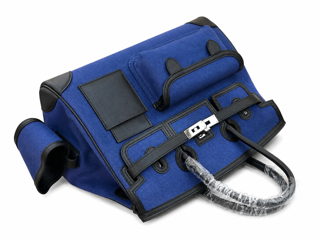 Birkin Cargo 35 in Bleu Marine Toile Goéland and Swift Leather (Palladium Hardware) — Streamlined Structured Bag
