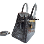 Birkin Style 25/30/35 Retourne in Etoupe Crocodile-Embossed Leather (Gold Hardware) — Polished Top-Handle Bag