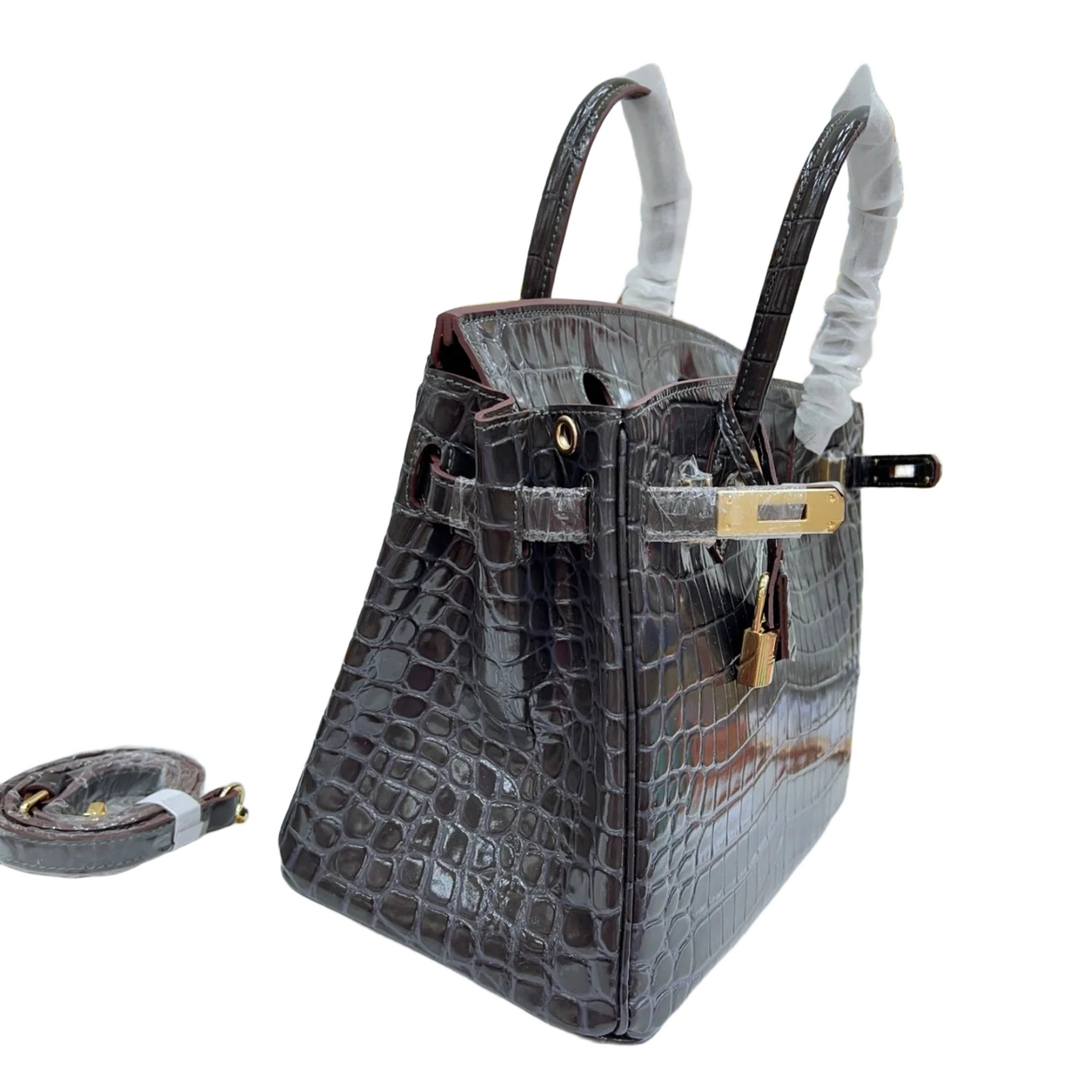 Birkin Style 25/30/35 Retourne in Etoupe Crocodile-Embossed Leather (Gold Hardware) — Polished Top-Handle Bag