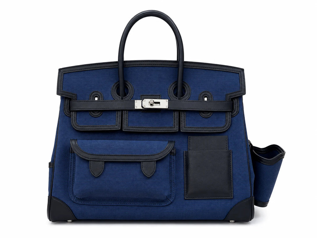 Birkin Cargo 35 in Bleu Encre Toile Goéland and Noir Swift Leather (Palladium Hardware) — Elegant Hand-Carry Design