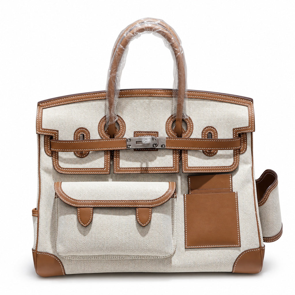 Birkin Cargo 35 Gold Leather and Ecru Canvas Multi-Pocket Bag — Versatile Top-Handle Handbag