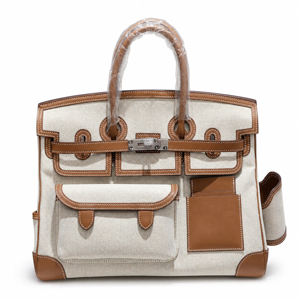Birkin Cargo 35 Gold Leather and Ecru Canvas Multi-Pocket Bag — Versatile Top-Handle Handbag