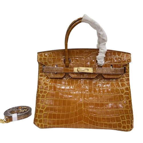 Birkin Shiny Niloticus Crocodile Cowhide Leather Gold Hardware — Refined Structured Tote