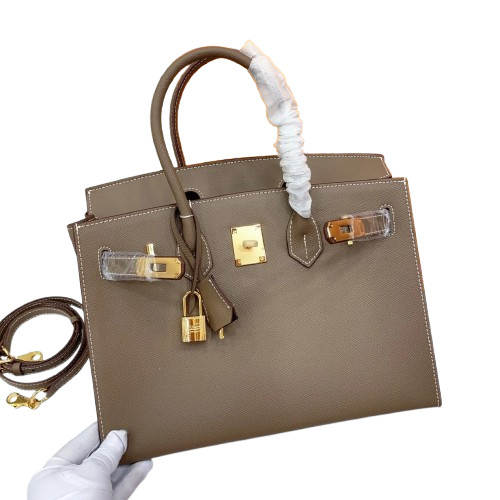 Birkin Style 25/30 Sellier in Etoupe Epsom Leather with White Stitching (Gold Hardware) — Distinctive Carryall Silhouette