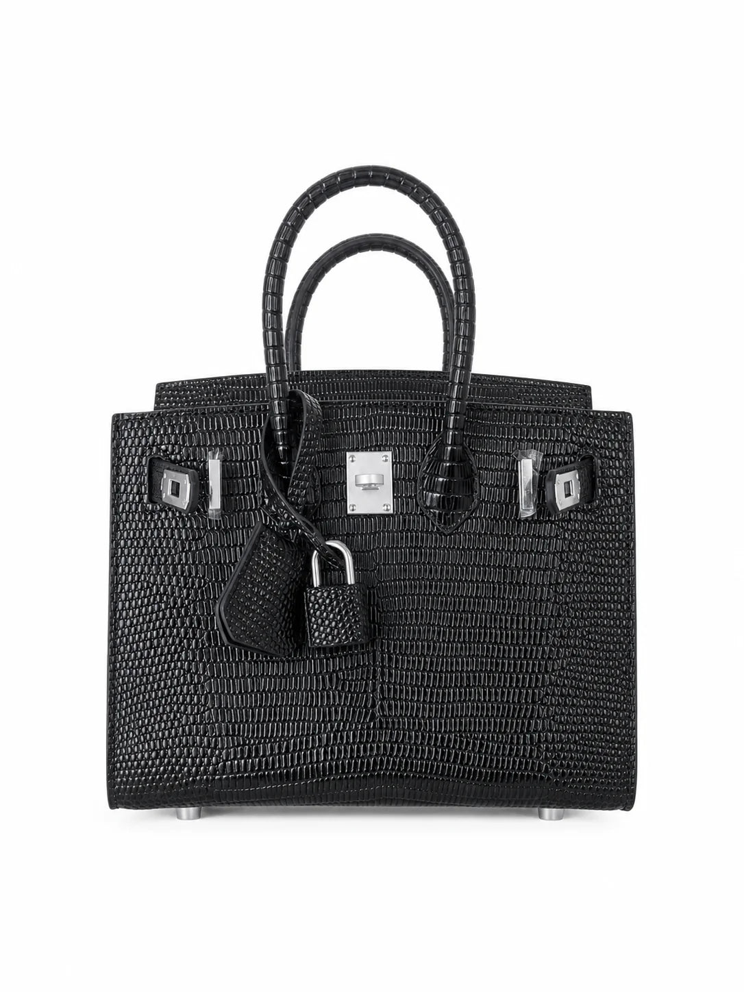 Mini Birkin 20cm Outer Stitching Tote Bag in Black Lizard Pattern — Distinctive Carryall Silhouette