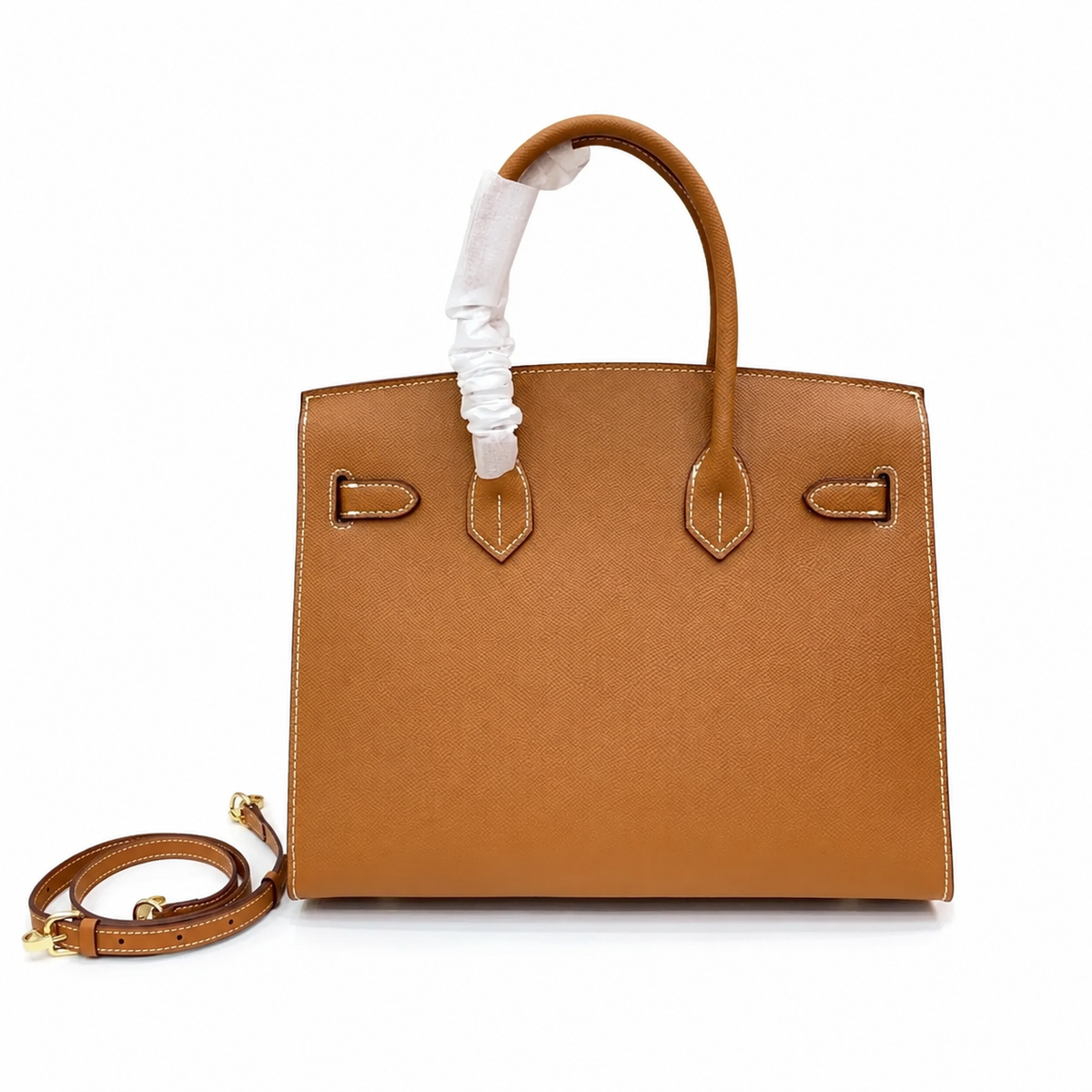 Birkin Style 25/30 Sellier in Gold Epsom Leather with White Stitching (Gold Hardware) — Distinctive Carryall Silhouette