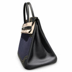 Birkin Ghillies 30 Black Leather and Navy Blue Denim Splicing Bag — Refined Structured Tote